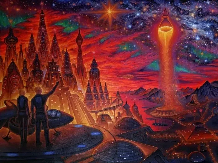 Space city. Oil on canvas - My, Space, Art, Science fiction, Space fiction, Cosmonautics, Painting, Cyberpunk