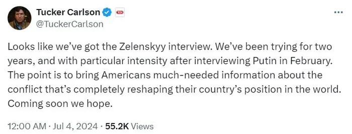 Такер Карлсон анонсировал интервью с Зеленским - Политика, Такер Карлсон, Владимир Зеленский, Интервью, Twitter