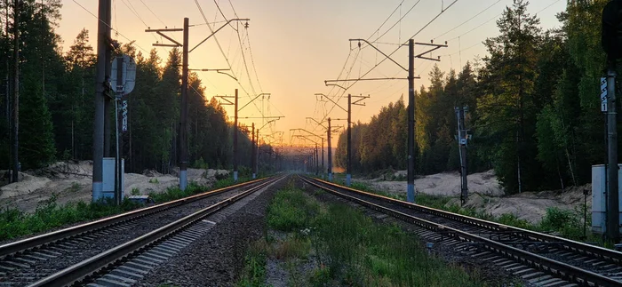 Beige night - My, The photo, Mobile photography, White Nights, Railway, Leningrad region, Orekhovo, Summer, High voltage wires