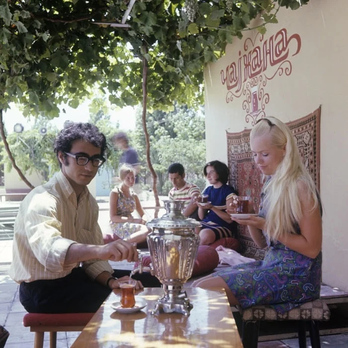 Teahouse in the international youth camp - Ganjlik, Azerbaijan SSR, 1973 - Teahouse, the USSR, Telegram (link), Childhood in the USSR, Made in USSR, Memory, Retro, 70th, Film, Summer, Heat, Camp, Youth, Youth