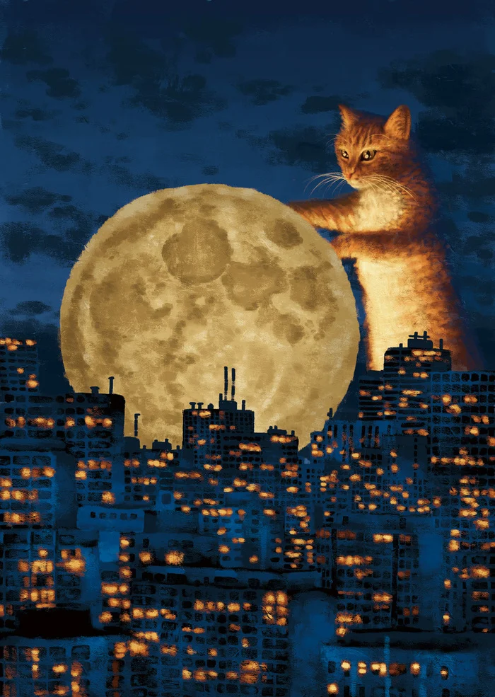 Let's take the moon - Art, Drawing, cat, moon, Town, Night