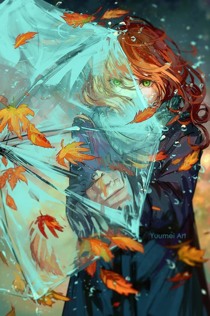 Autumn - Art, Drawing, Girls, Redheads, Autumn, Umbrella, Leaves, Yuumei