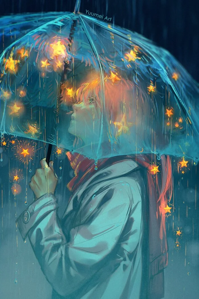 Starfall - Art, Drawing, Girls, Umbrella, Rain, Stars, Yuumei