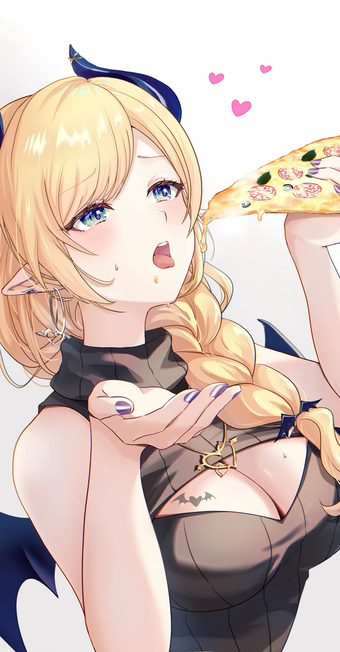 Delicious, hot, right in my mouth~ - Anime art, Anime, Virtual youtuber, Hololive, Yuzuki Choco, Pizza