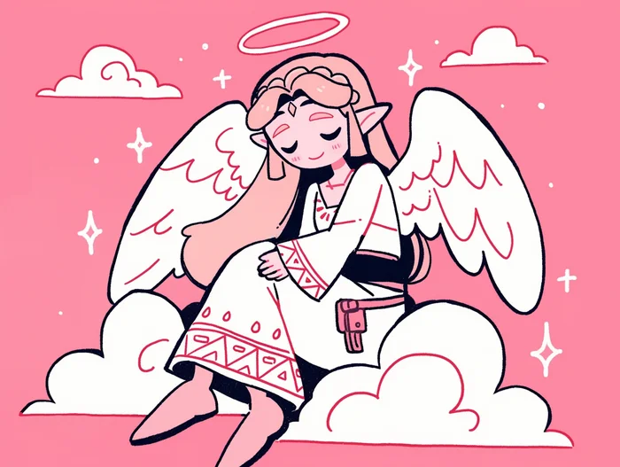 I couldn't wait for Link - My, The legend of zelda, Princess zelda, Anime art, Art, Nintendo, Drawing, Milota, Girls, Elves, Game art, Neural network art, Pink, Humor, Angel, Computer games, Clouds, Longpost