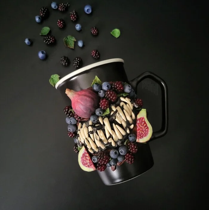 Mug with polymer clay decor - My, Polymer clay, Decor, Needlework, Needlework without process, Лепка, Handmade, Mug with decor, Berries, Friday tag is mine