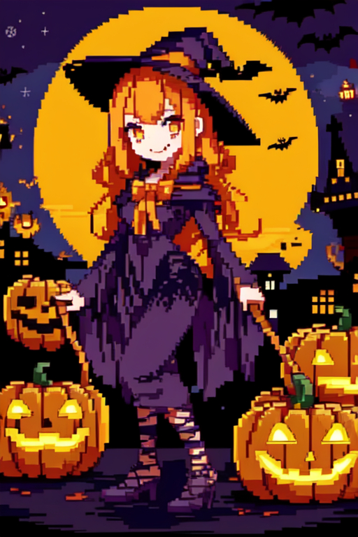 Part -17 pixel Halloween - Моё, Хэллоуин, Аниме, Арты нейросетей, Искусственный интеллект, Картинки, 2024, Длиннопост