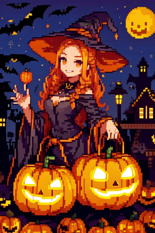 Part -17 pixel Halloween - Моё, Хэллоуин, Аниме, Арты нейросетей, Искусственный интеллект, Картинки, 2024, Длиннопост