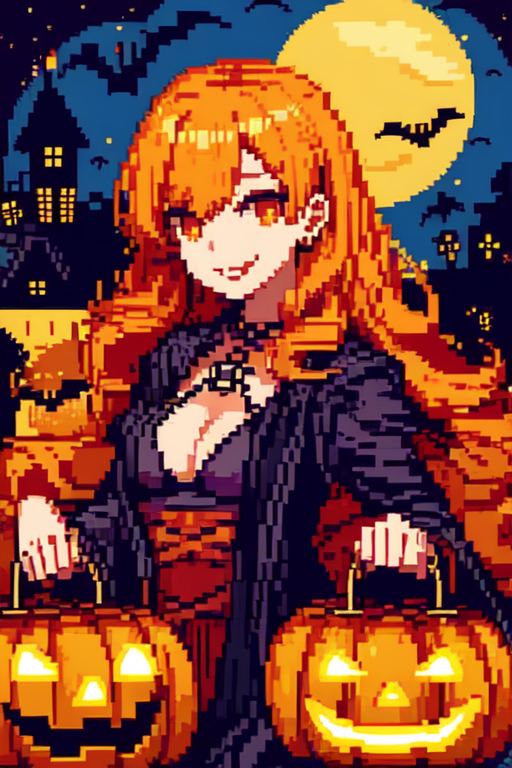 Part -17 pixel Halloween - Моё, Хэллоуин, Аниме, Арты нейросетей, Искусственный интеллект, Картинки, 2024, Длиннопост