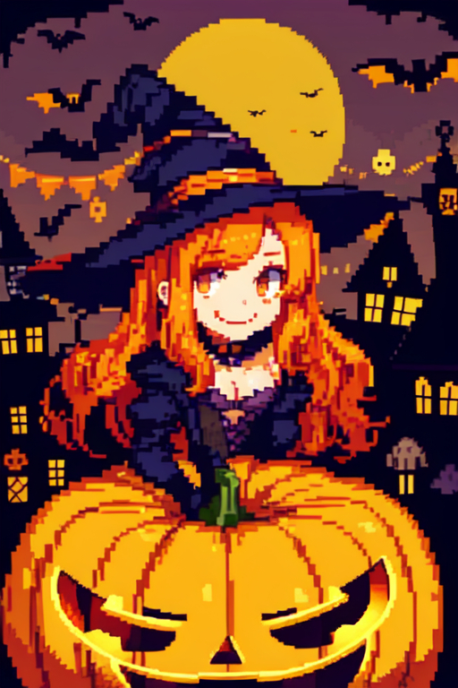 Part -17 pixel Halloween - Моё, Хэллоуин, Аниме, Арты нейросетей, Искусственный интеллект, Картинки, 2024, Длиннопост