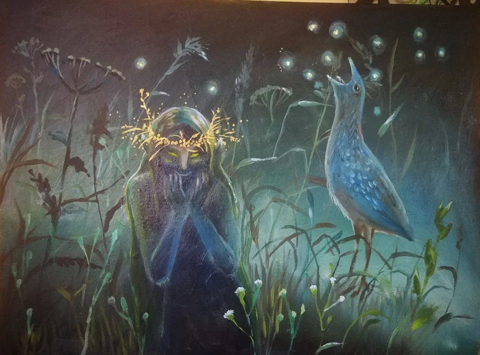 Landrail. Canvas, oil - My, Oil painting, Crake, And other leshy, Chthon, Mystic, Beach vacation