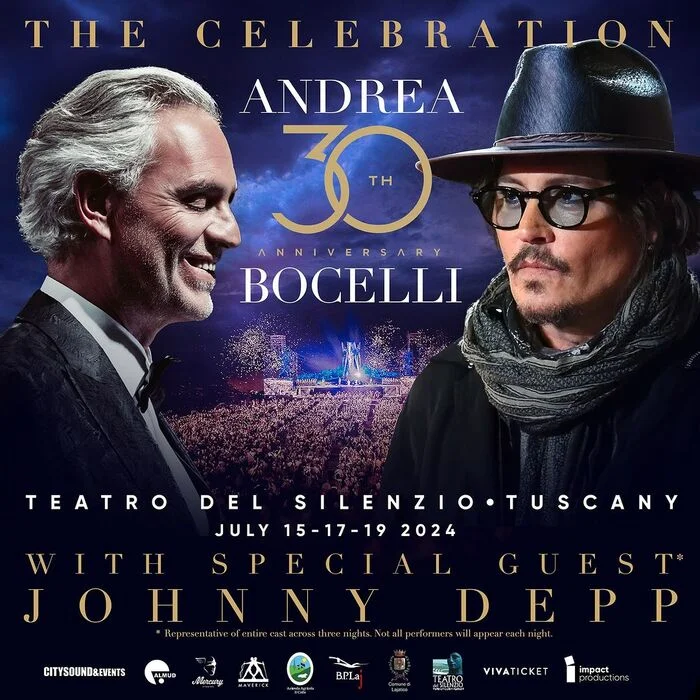 Johnny Depp will perform with Andrea Bocelli - Johnny Depp, Actors and actresses, Celebrities, Andrea Bocelli, Concert, Italy, Classical music, Ed Sheeran, Sofia vergara, Russell Crowe, Placido domingo, The singers