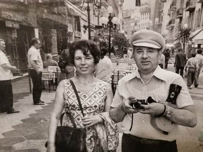 In the photo, Mikhail Gorbachev with his wife Raisa Maksimovna in Nice, France, 1977 - Black and white photo, France, Street photography, The photo, 1977, Mikhail Gorbachev, Raisa Gorbacheva