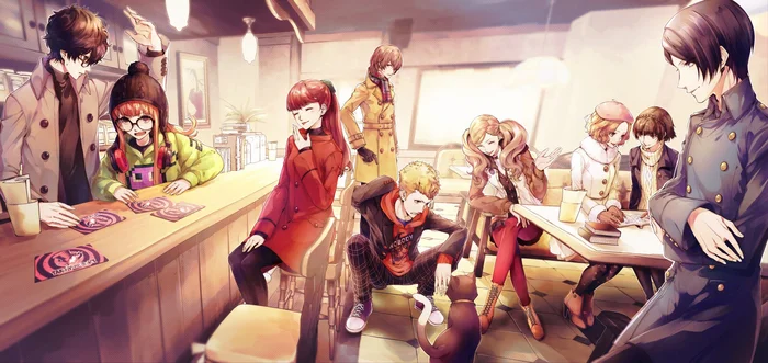 In the cafe - Anime art, Anime, Persona, Persona 5, Ren Amamiya, Sakura futaba, Kasumi Yoshizawa, Ann takamaki, Niijima Makoto, Okumura haru