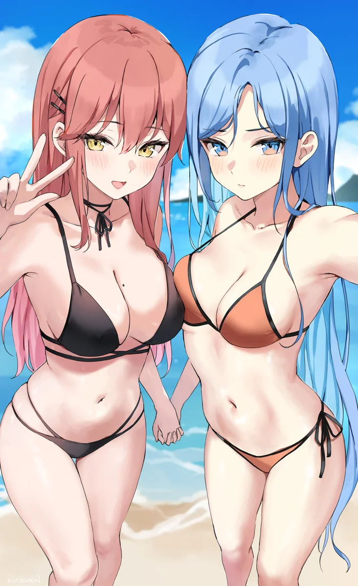 Liliya & Minah - Anime art, Anime, Original character, Minah, Kaetzchen, Swimsuit, Beach, Sea, Holding hands