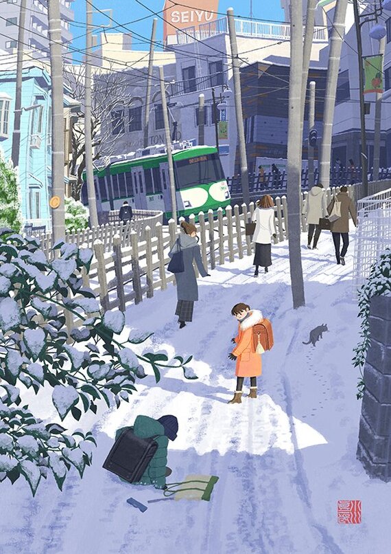 Japan - Art, Drawing, Japan, People, Seasons, A train, Car, Longpost