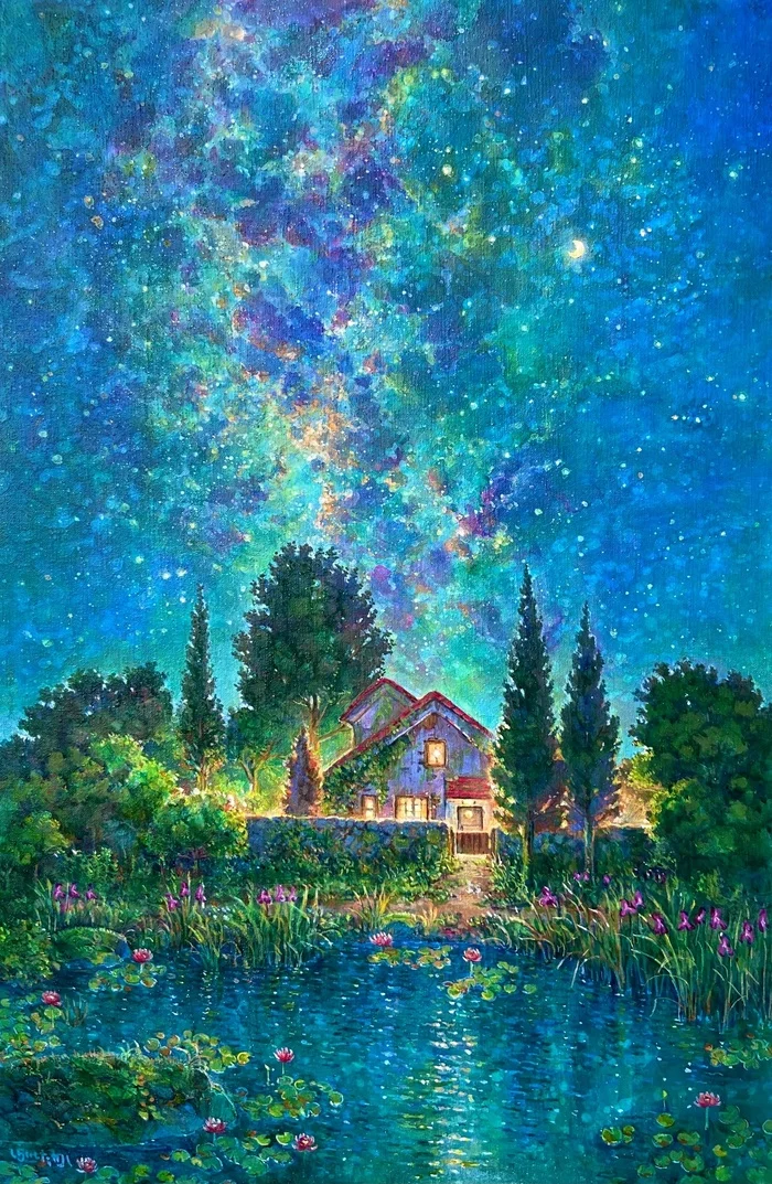 Bright night - Art, Drawing, Night, Pond, House, Stars