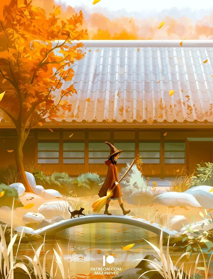 Bridge - Art, Drawing, Girls, cat, Autumn, Witches