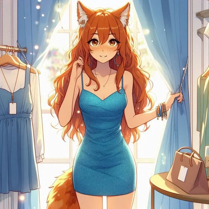 So how? - My, Neural network art, Нейронные сети, Art, Girls, Anime art, Anime, Original character, Kitsune, Animal ears, Tail, Redheads, Freckles, The dress, Summer, Ginger & White, Longpost