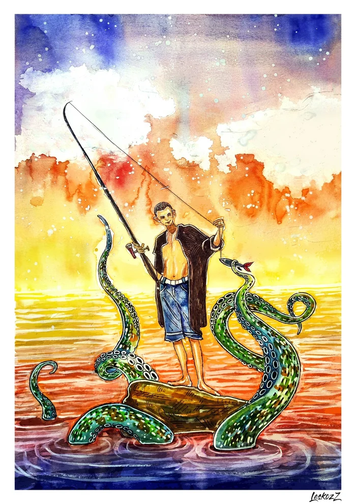 Fisherman - My, Watercolor, Painting, Drawing, Fishermen, Octopus, Sunset, Boy, Traditional art, Longpost