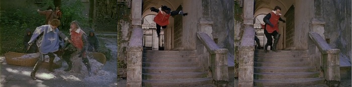 Первого он бьёт по лицу, второму и третьему даёт подсечки.