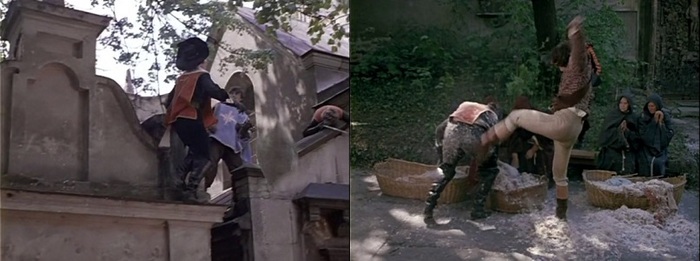 Первого Д'Артаньян сбил подушкой, второго ударил по телу.