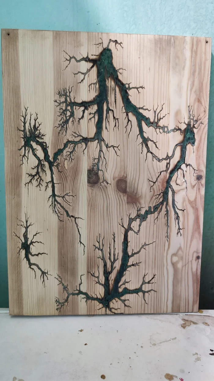 Wood, Lichtenberg Lightning and Fluorescent Paint - My, Tree, Hobby, Lichtenberg figures, Paints, Longpost, Needlework without process