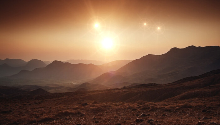 Фантастический Мир Четырех Солнц. Возможно именно так видны четыре звезды системы Эпсилон Лиры с одной из планет, которых там пока не обнаружено (но и не исключено). Рисунок сделанный с использованием нейросети