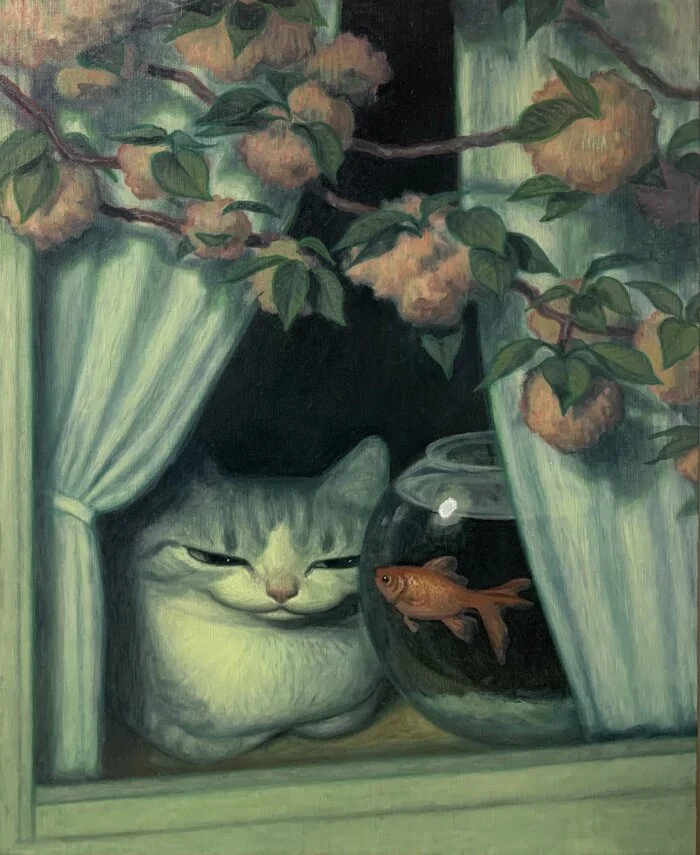 Observation - Art, Drawing, cat, Gold fish, Flowers, Window