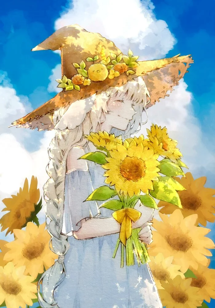 Sunflower - Art, Drawing, Girls, Flowers, Hat, Sunflower