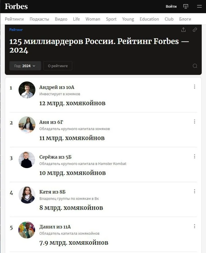 Updated list of the richest people in Russia according to Forbes magazine - Humor, Picture with text, Hamster, Hamster Kombat