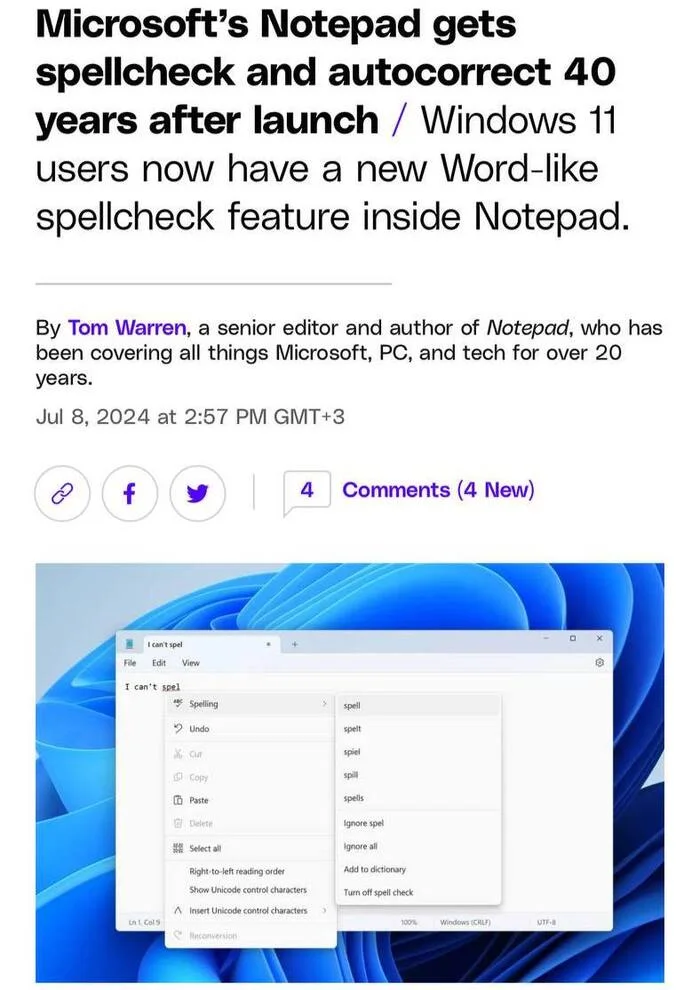 Блокнот на Windows получил революционное обновление — в него добавили проверку орфографии и автозамену. У Microsoft на это ушёл 41 год - Новинки, Технологии, IT, Microsoft