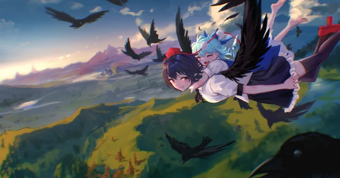 Веселье - Touhou, Shameimaru Aya, Cirno, Anime Art, Game Art, Аниме, Игры