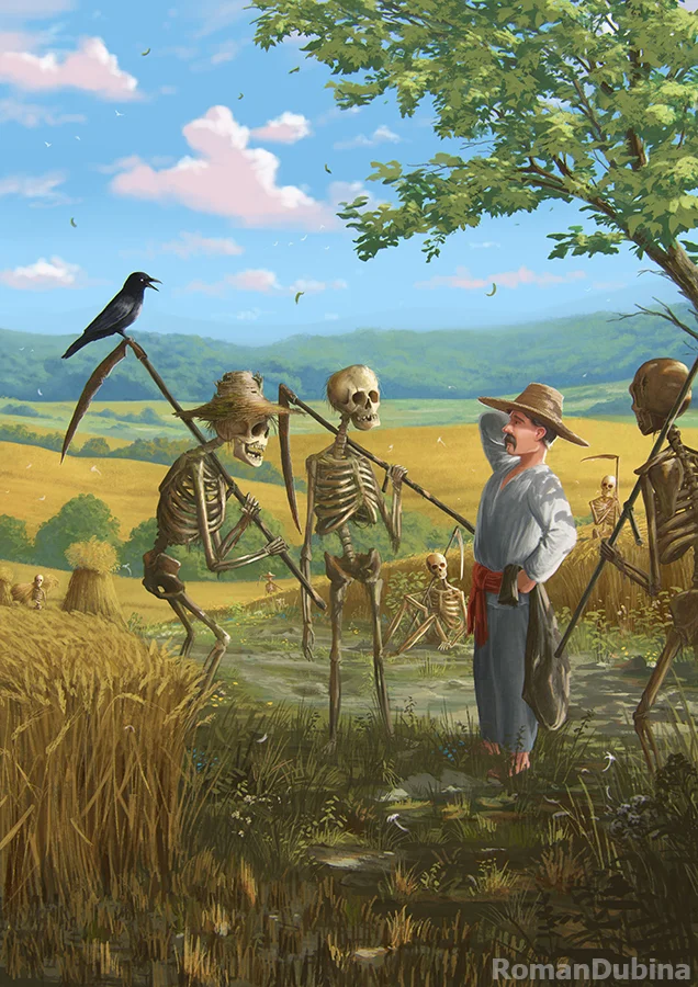 Strange Helpers - Art, Drawing, Field, Skeleton, Scythe, Crow, Necromancy