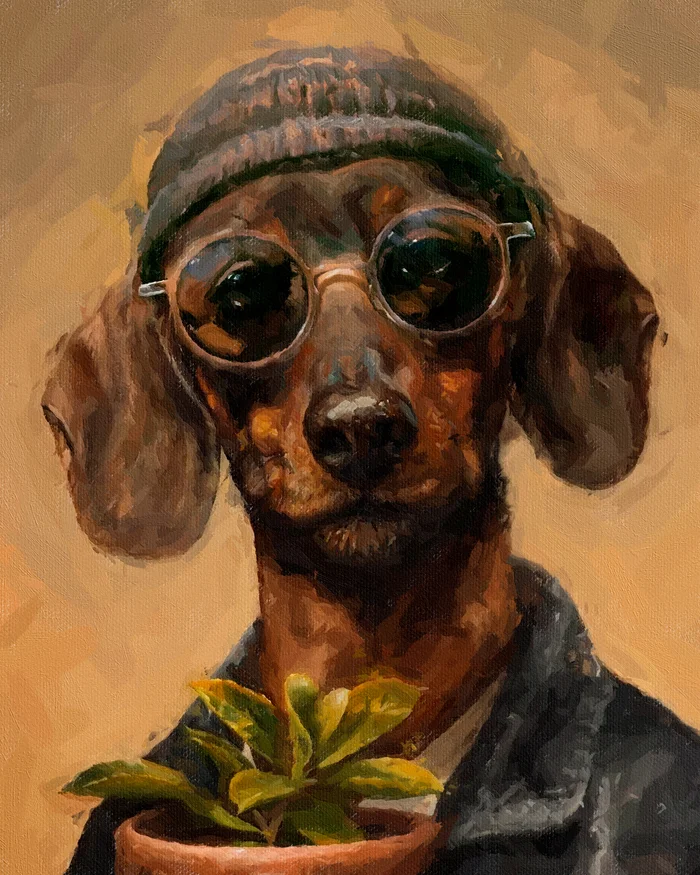 Dachshund named Leon - My, Dog, Portrait by photo, Animalistics, Photoshop, Oil painting