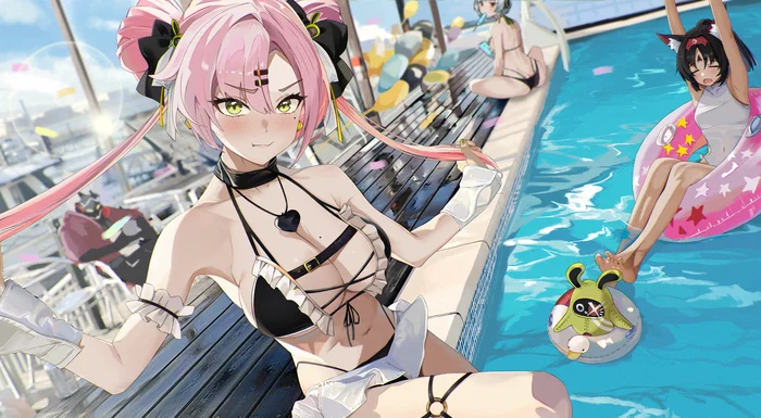 Summer! Swimwear! Sunny day of cunning hares - Anime art, Zenless Zone Zero, Anby Demara (zzz), Billy Kid (zzz), Nekomiya Mana (zzz), Nicole Demara (zzz), Swimsuit, Summer, Swimming pool