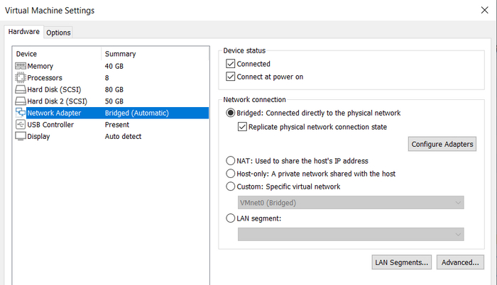 Нужно поставить чекрыжик на Bridged... и галку на Replicate physical...