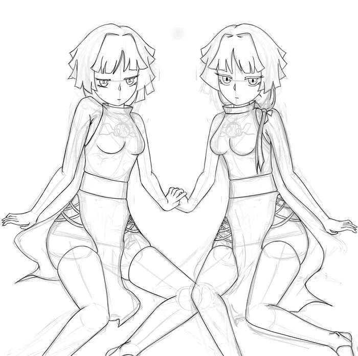 Twins Aya and Atsu Shoku - My, Art, Anime art, Girls, Twins, Short waves, Pencil drawing