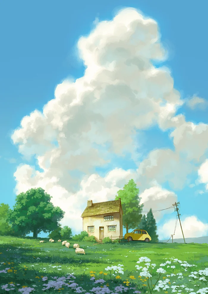 House - Art, Drawing, Clouds, House, Car, Tree, Sheeps, Field, Instagram (link)