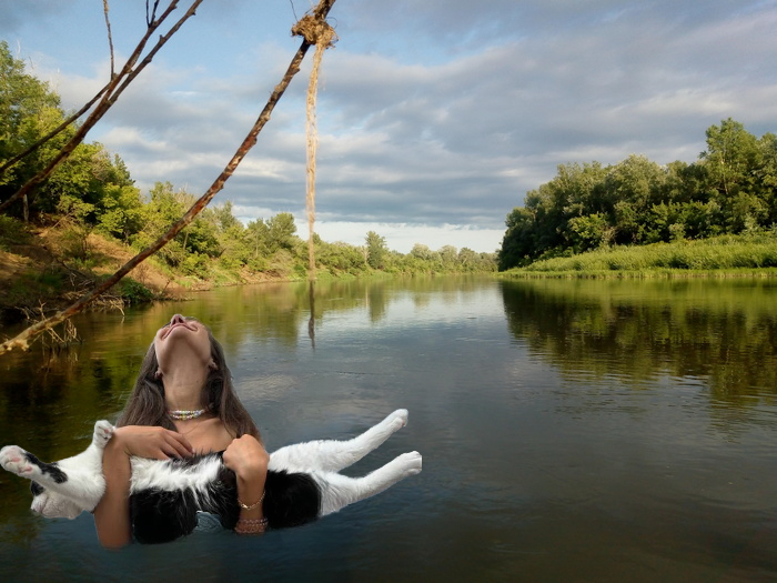 Grandfather of Ko.Rom and Olza - My, Olz777, Girls, Humor, Nostrils, Collage, IA Panorama, Grandfather Mazai, cat, River, Fishing, Photoshop, Longpost