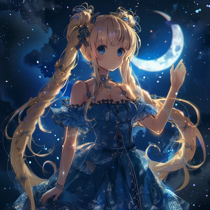 Anime art: The girl and the crescent moon - My, Blonde, Neural network art, Art, Anime art, Crescent, Stars, moon, The dress, Girls, Night, Longpost