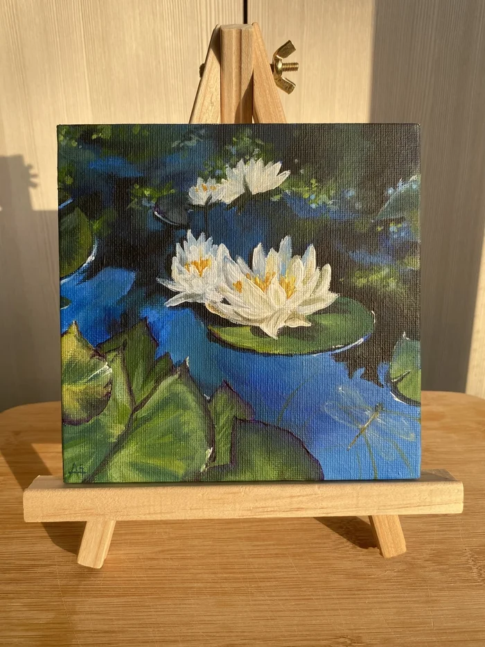 Water lilies with dragonfly - My, Painting, Artist, Drawing, Landscape, Flowers, Longpost