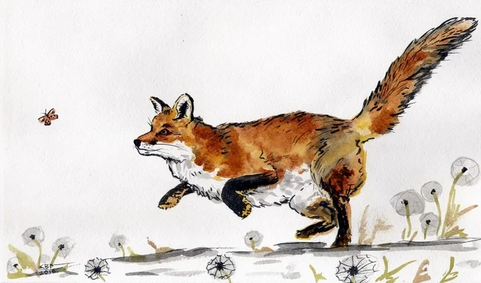 Fox chase - My, Sketch, Drawing, Animalistics, Watercolor, Traditional art, Fox, Rat, Art, Inspiration, Animals, Wild animals, Pets, Sketch