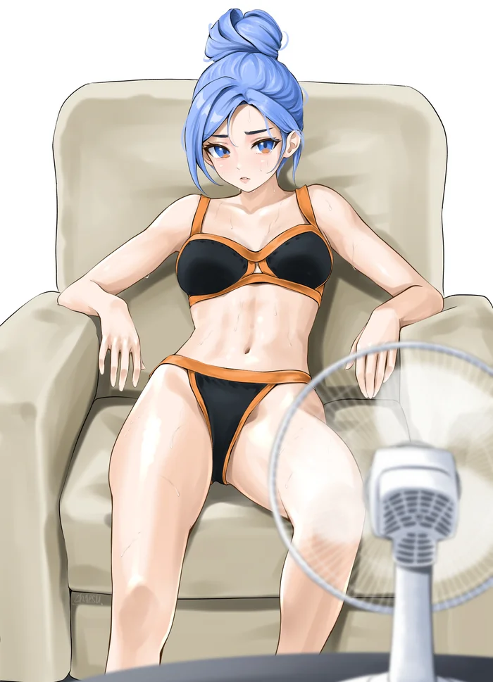 The air conditioner is broken - Art, Anime art, Anime, Original character, Minah, Chaesu, Swimsuit