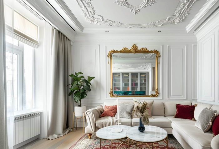 Зеркало в антикварной раме добавляет гостиной шарма