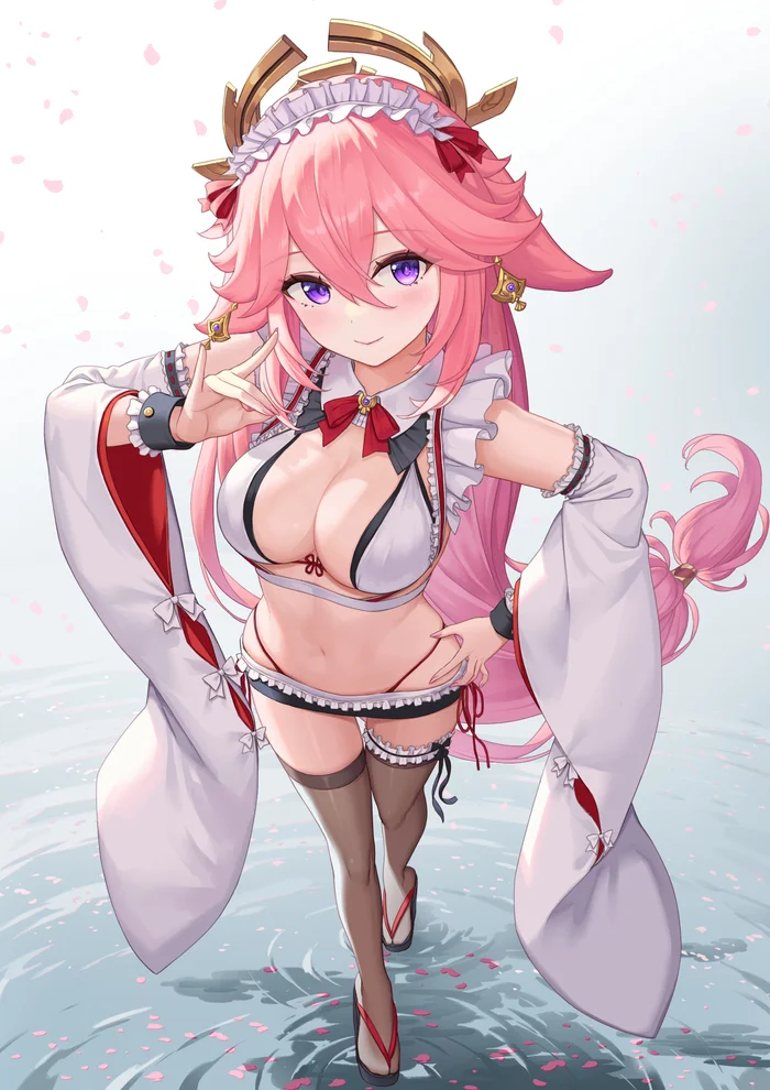 Yae - Anime art, Anime, Genshin impact, Yae Miko (Genshin Impact), Animal ears, Stockings, Bikini