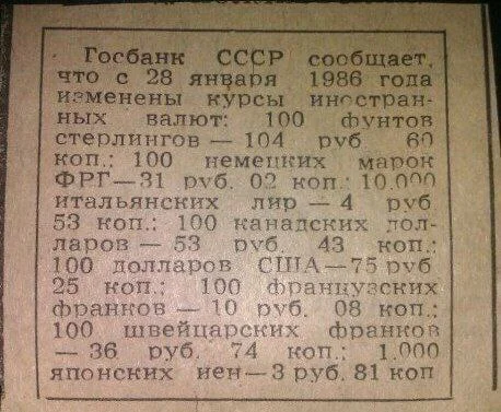 Курсы валют в СССР 1986 года - СССР, Курс валют, 1986, Повтор