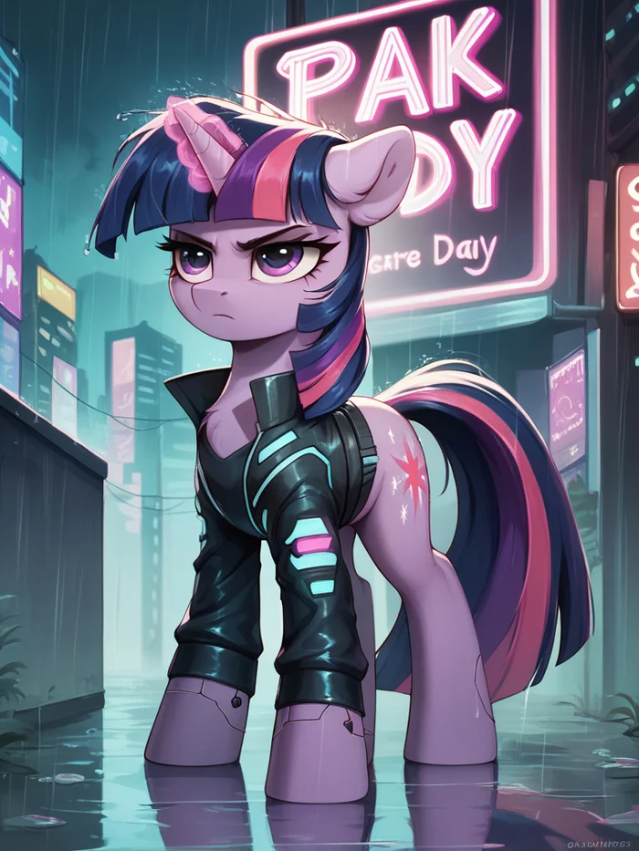 Reply to Twi's post - Neural network art, My little pony, PonyArt, Twilight sparkle, Cyberpunk, Reply to post, Longpost