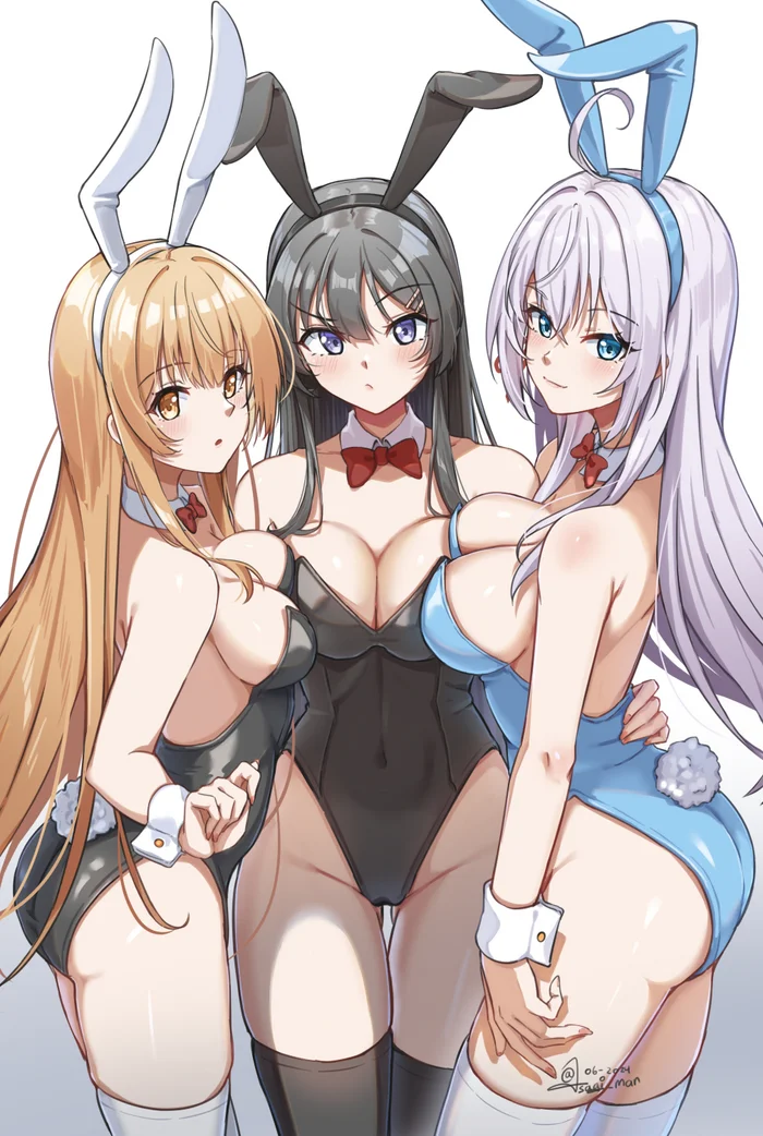 Три девицы - Аниме, Anime Art, Alisa Mikhailovna Kujou, Mai Sakurajima, Shiina Mahiru, Otonari no Tenshi-sama ni Itsunomanika Dame Ningen, Кроссовер, Bunnysuit