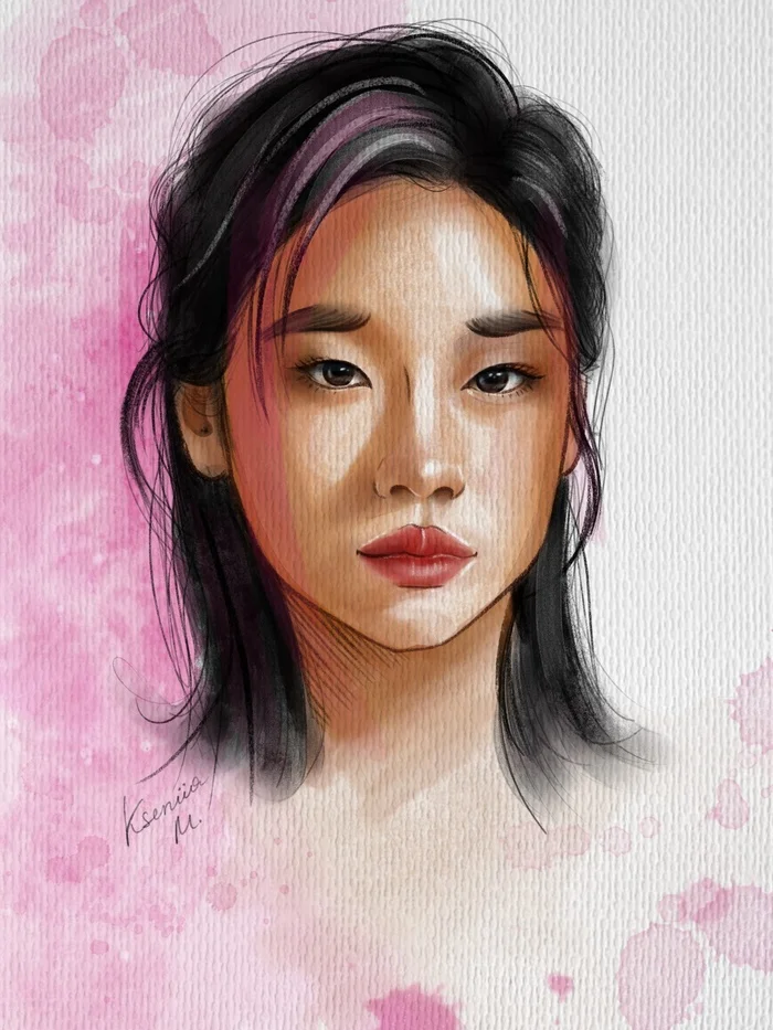 My drawing - My, Portrait, Portrait by photo, Digital drawing, Watercolor, Korean women, Squid game (TV series), Asian, Drawing on a tablet, Girls